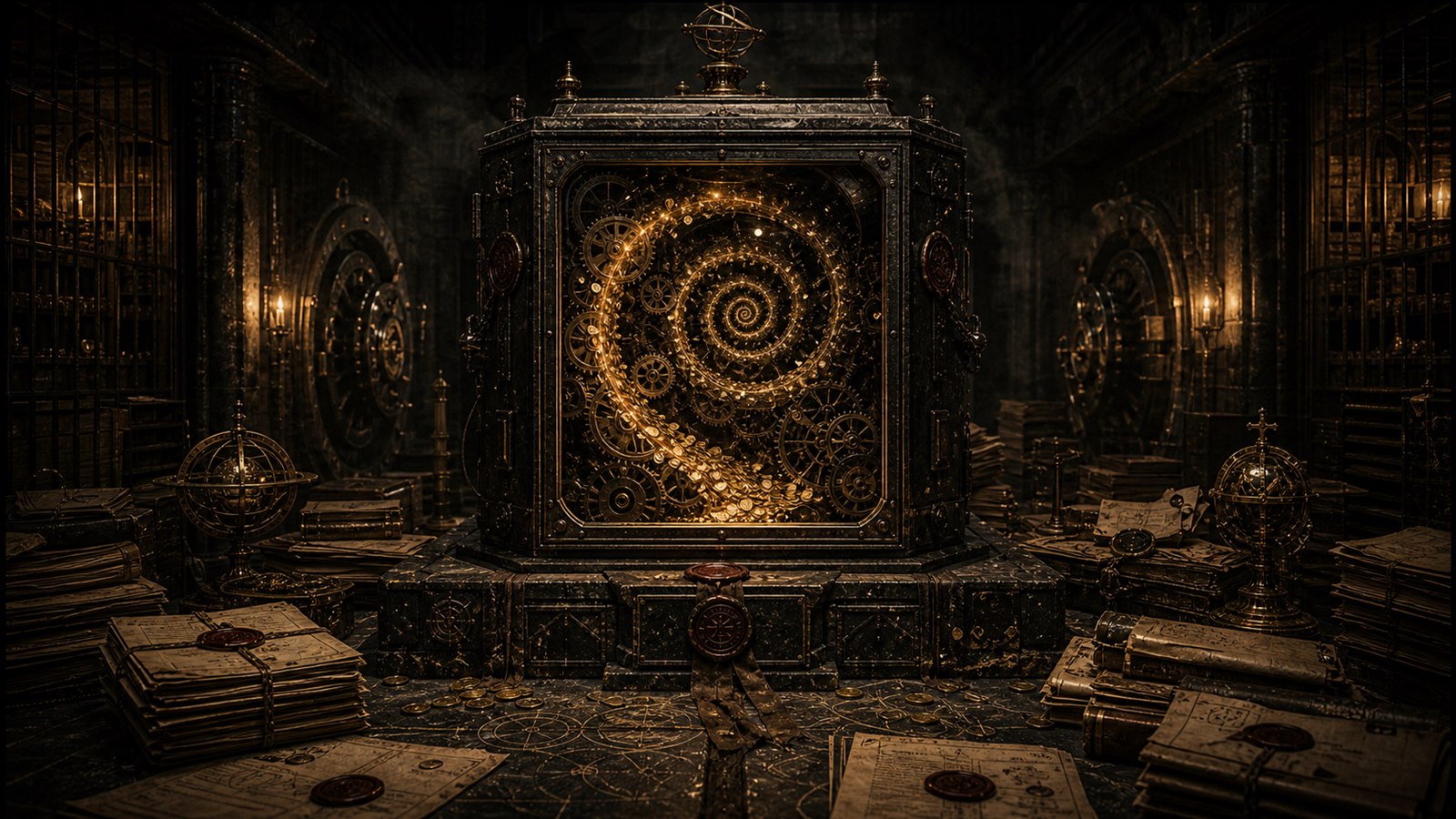 A black iron compound interest engine sealed in an underground archive