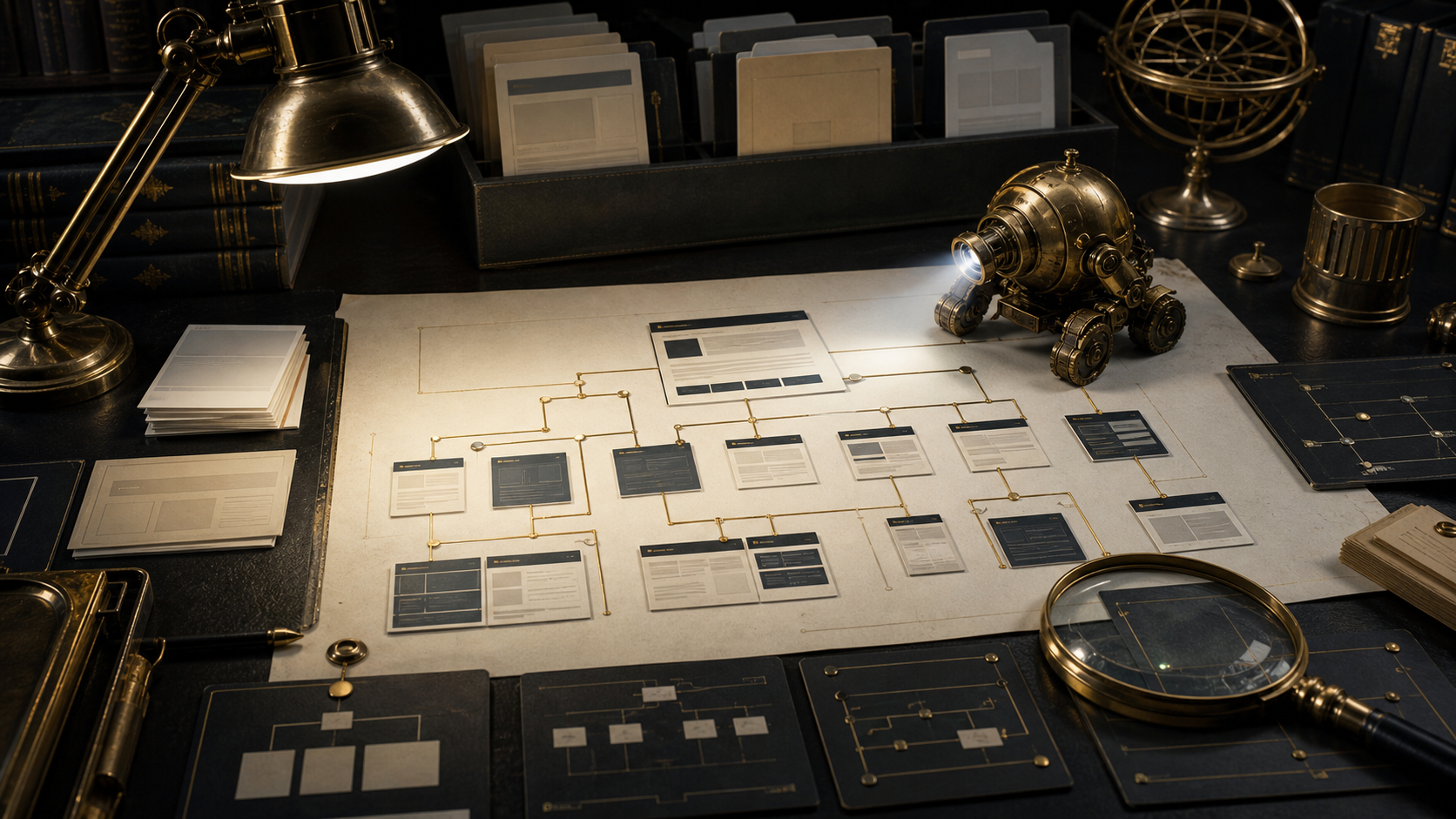 Technical archive desk with blank website cards, sitemap routes, brass crawler object, magnifying glass, and gold connection lines