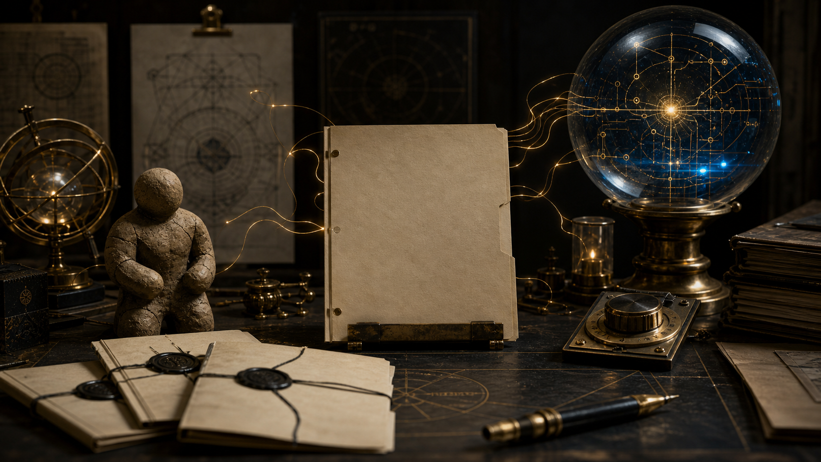 Occult technical command desk with source packet folder, brass dial, glass orb, instruction cards, and small clay golem