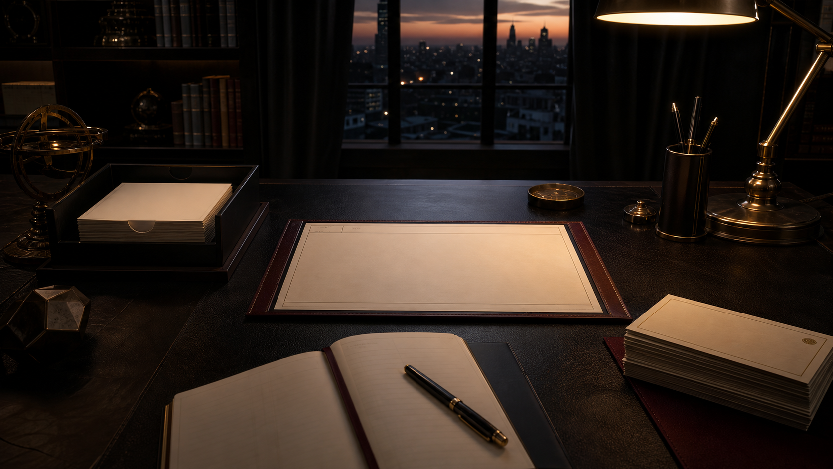 Quiet dawn work desk with blank command card, timer, notebook, pen, and completed cards