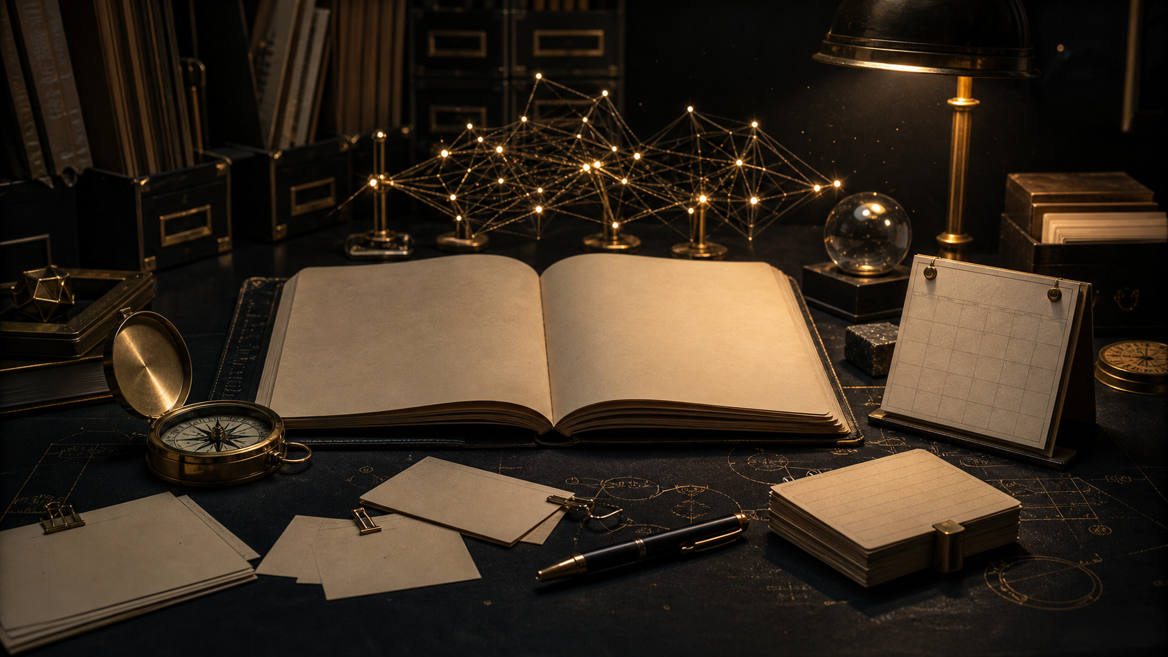 Archive desk with blank notebook, compass, cards, and gold thread thought map