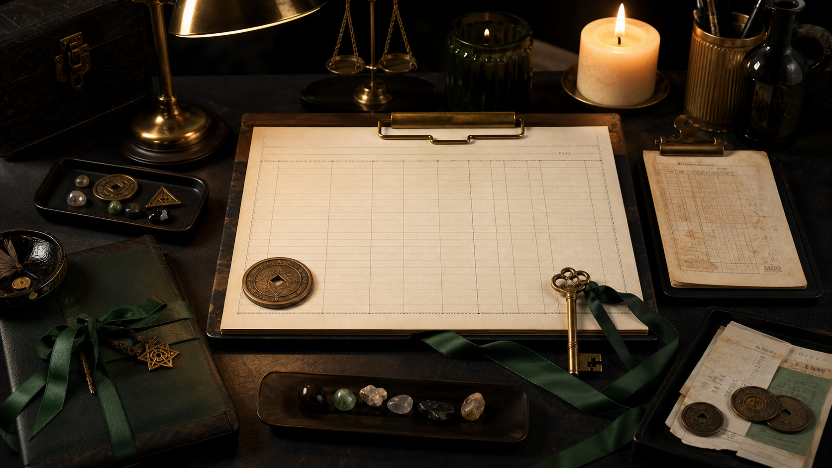 Ritual money journal desk with blank record sheet, coin, receipt, key, invoice clip, candle, and green ribbon