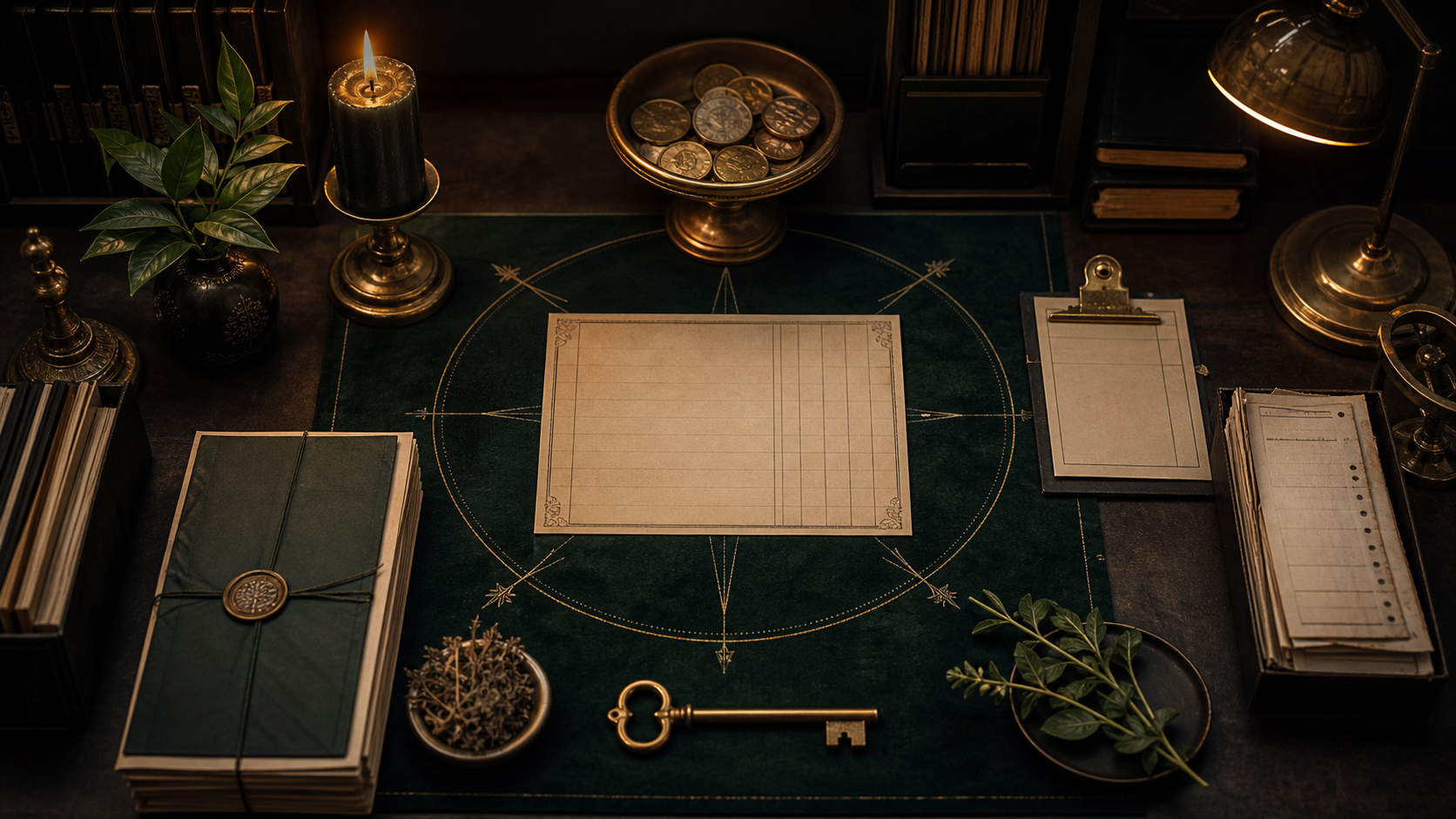 Dark green ritual desk with candle, coin tray, invoice clip, key, and blank budget sheet