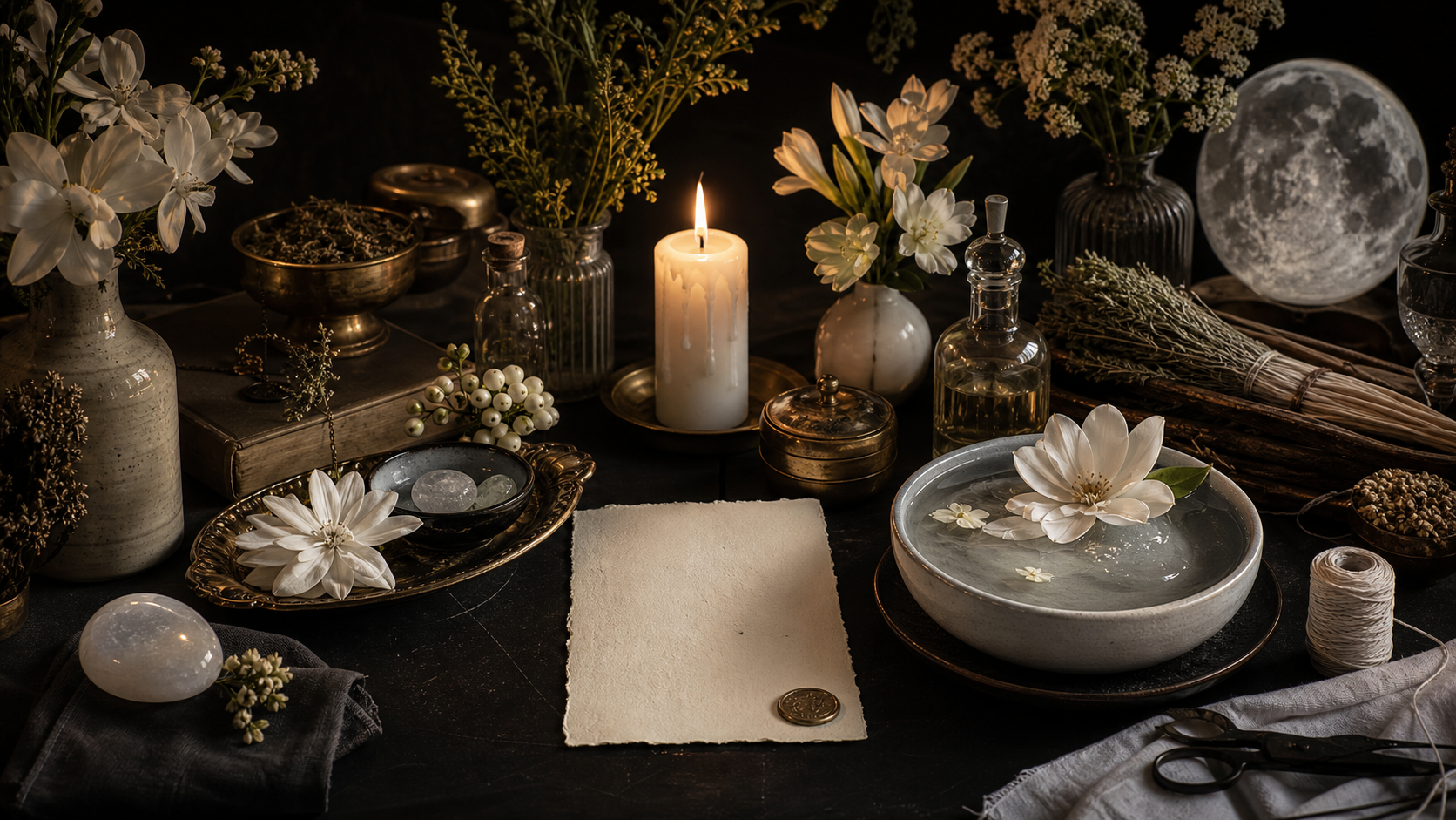 Clean white magic workbench with herbs, water bowl, flowers, candle, thread, and blank oath card