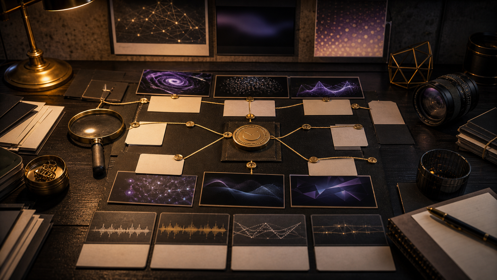 Creator AI review desk with blank source cards, abstract video frames, lens, waveform cards, and gold-thread evidence path