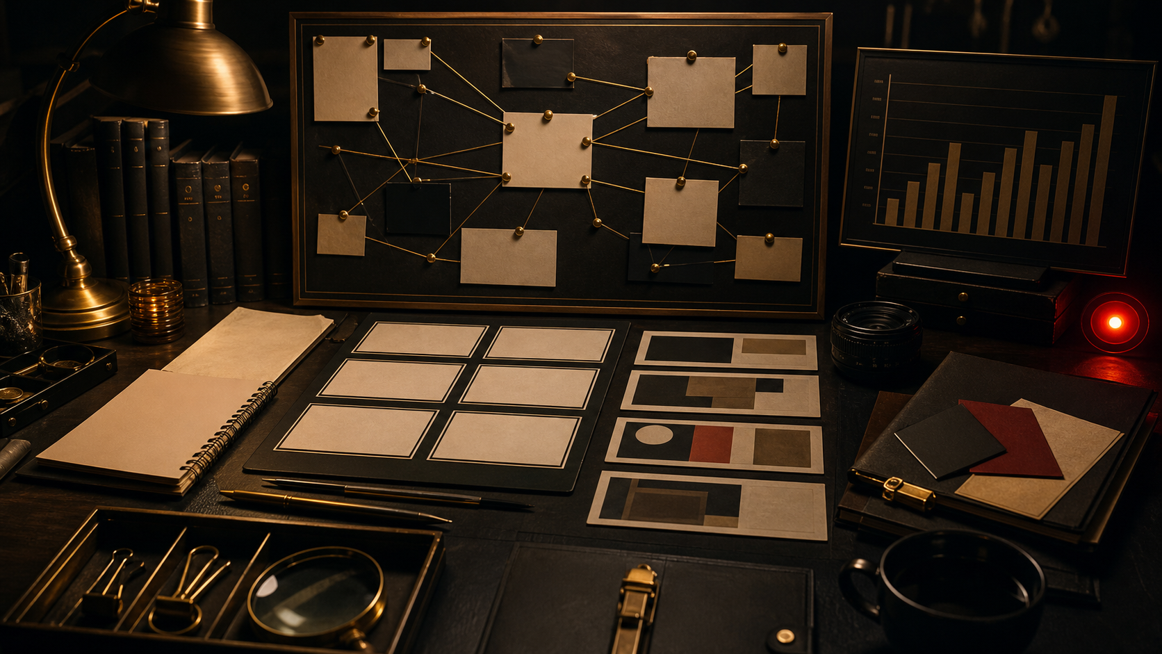 Creator strategy desk with blank storyboard cards, lens, signal board, and unlabeled analytics bars