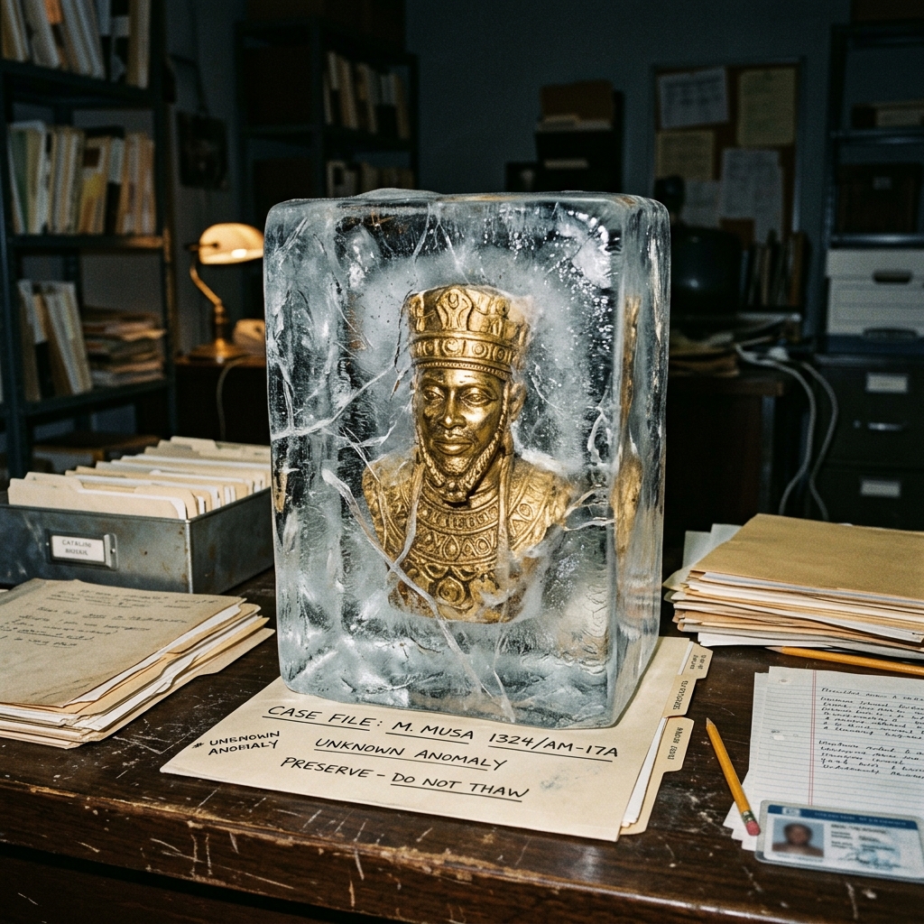 Mansa Musa bust sealed inside a block of ice on a worn 90s office archive desk