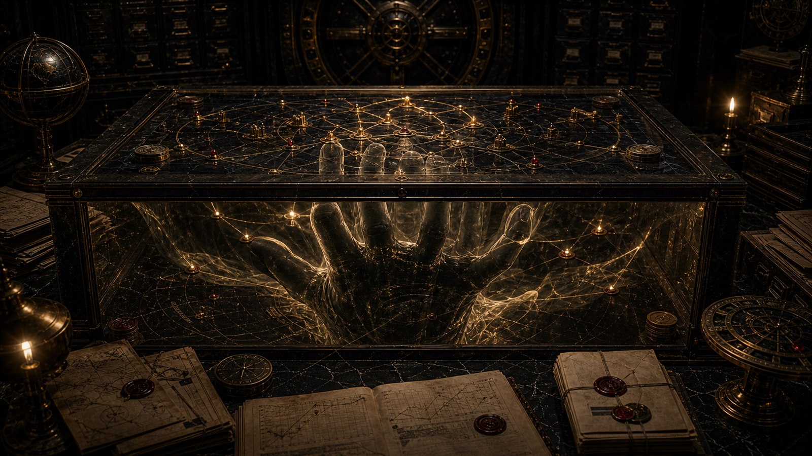 A shadow market hand trapped beneath a black glass Value Bureau table