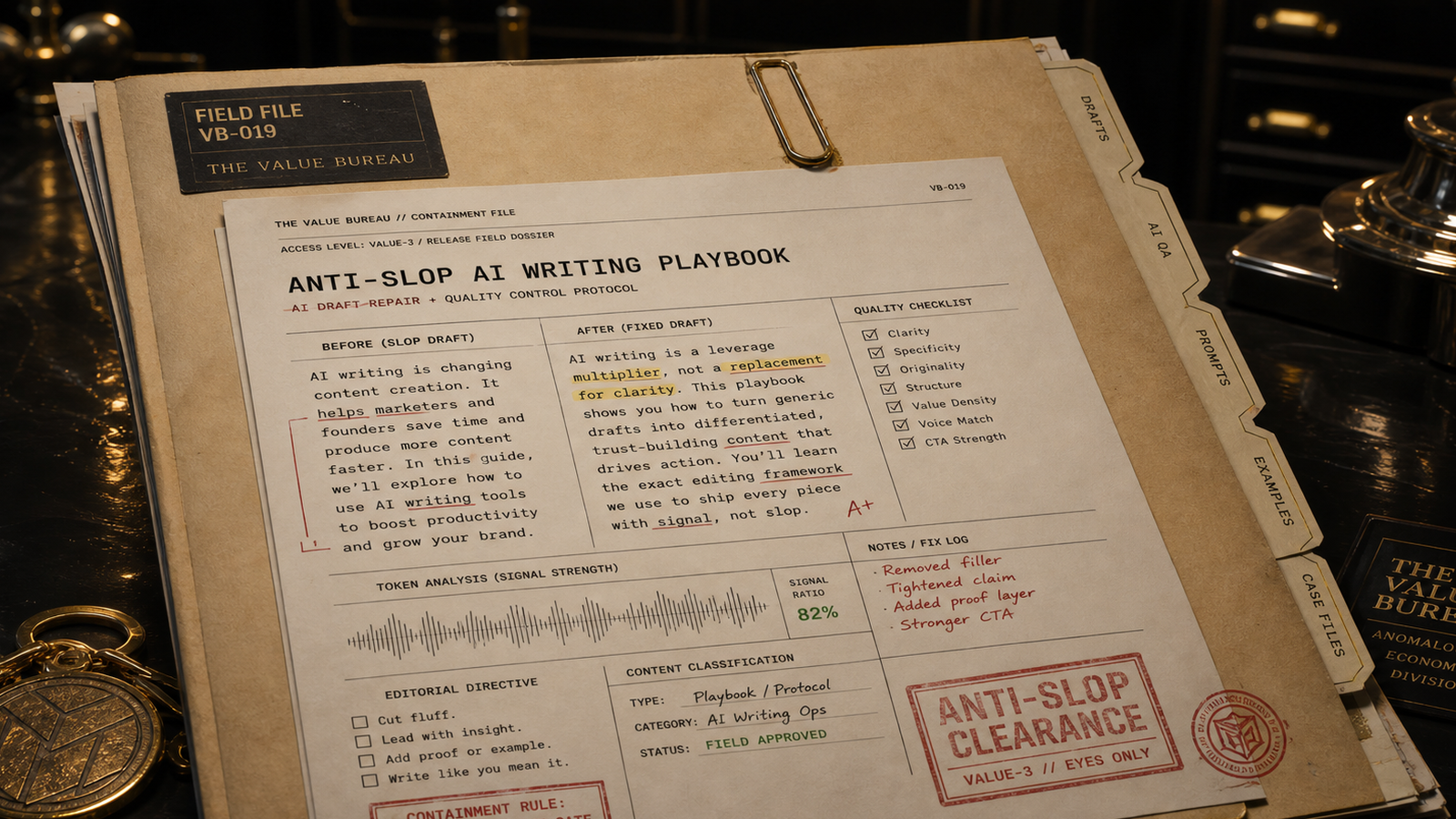 Anti-Slop Playbook folder and repair worksheet on an archive desk